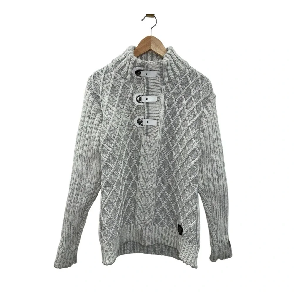 Estare Mens XI Gray White Diamond Cable Knit Wool Blend Toggle‎ Sweater MockNeck - Picture 2 of 8